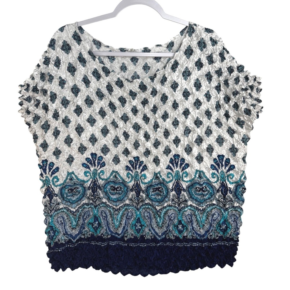 P.C Womens Blue White Paisley Popcorn Scrunch Crinkle Stretchy V-Neck Top OS